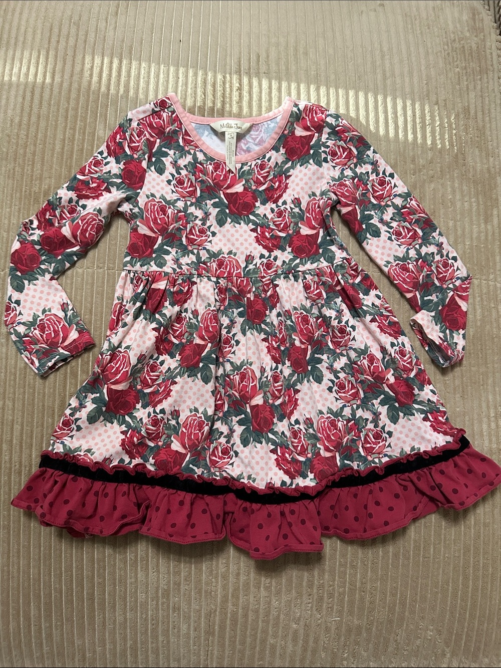 Matilda Jane Pink & Red Rose Print Long Sleeve Dress with Ruffle Hem size 4